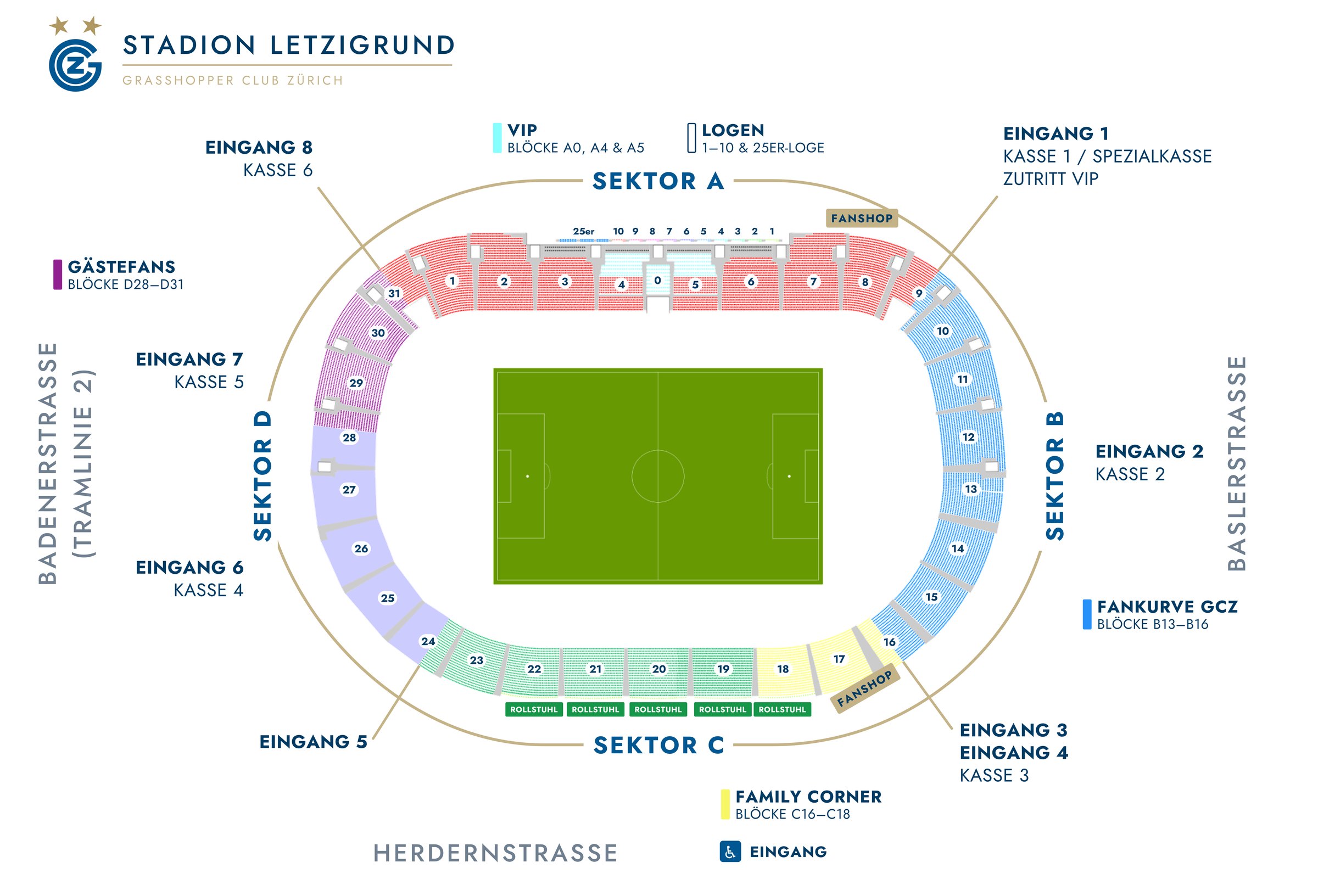 Stadionplan Letzigrund mit Gästesektor D28 bis D31